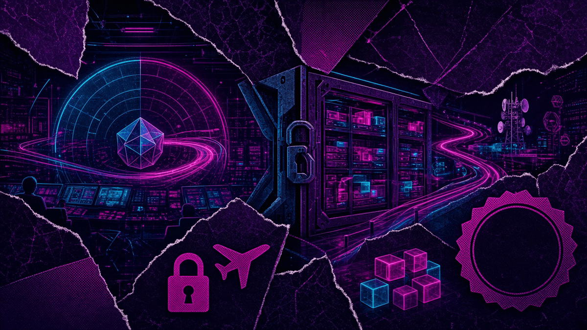 Radar, aircraft trails and a locked gate in front of server cubes