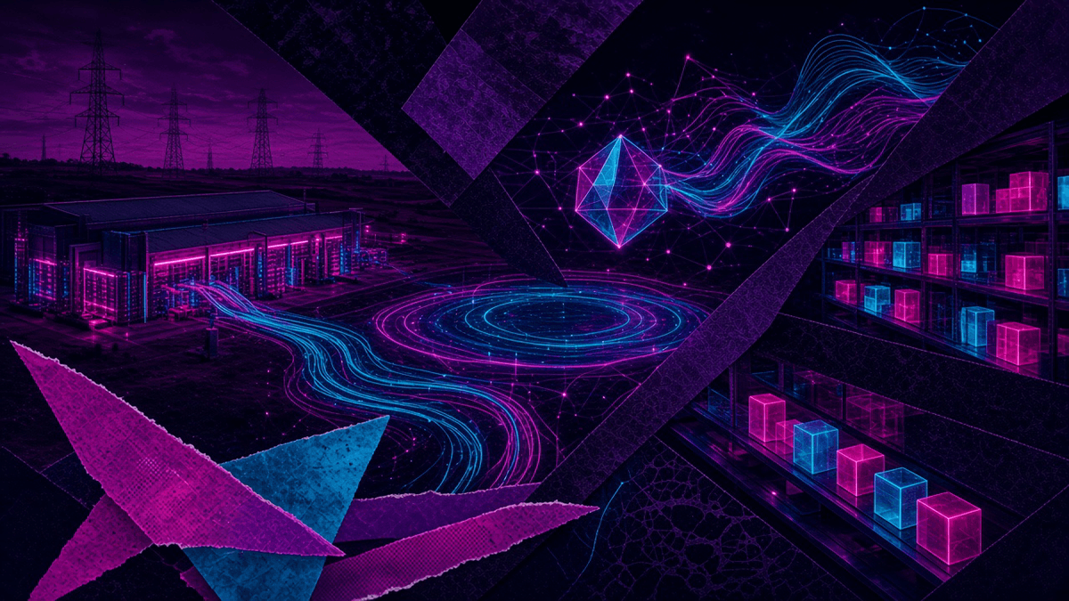 A data hall on dry country beside a luminous data lake