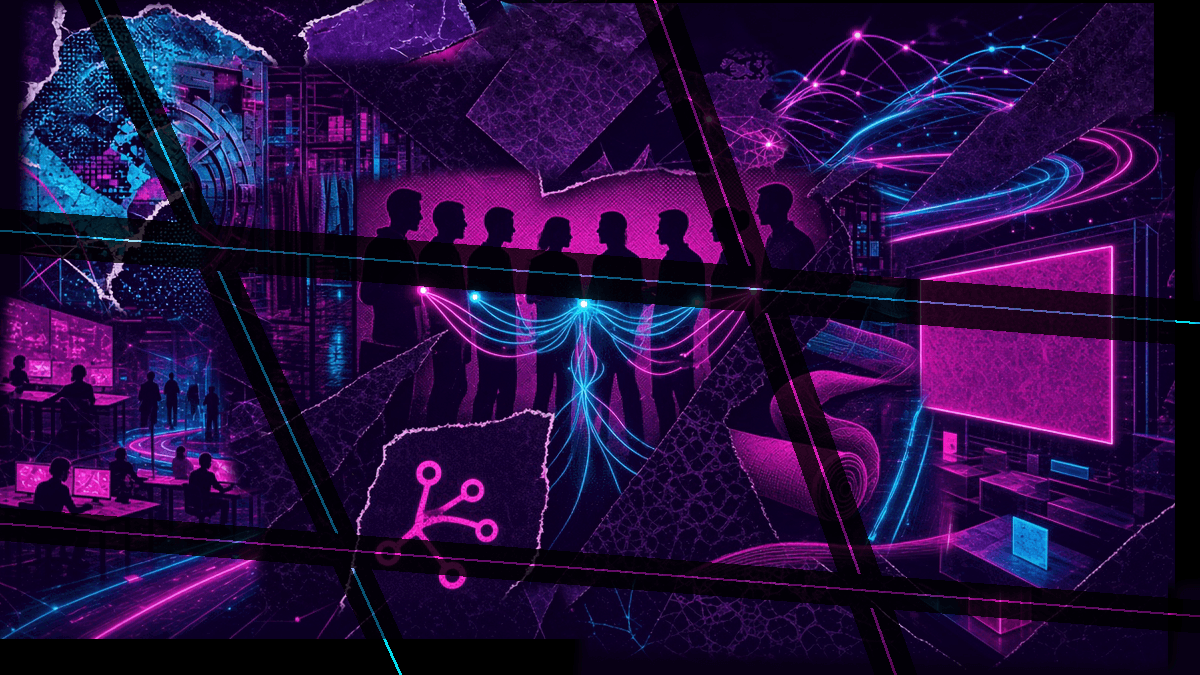 A dense synthwave collage of rapid idea tests: desks, glowing prototypes, kill-date calendar shards, and a neon network