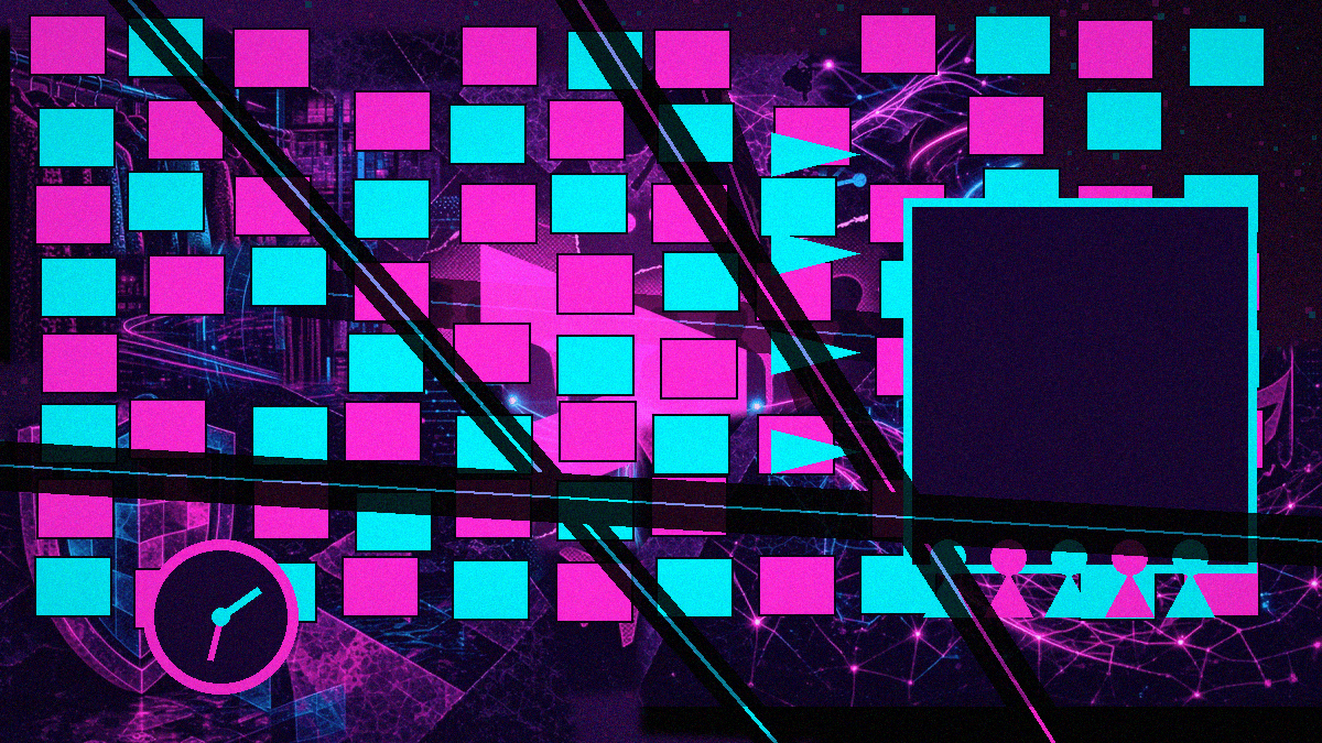A post-it cascade, a timer and standing silhouettes at a board