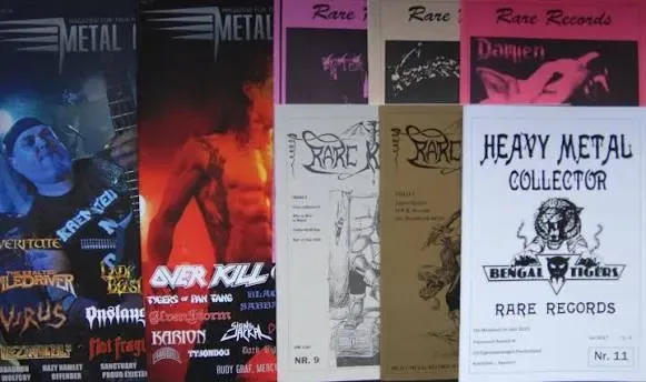 A row of printed metal magazines and zines, including Metal Hammer, Rare Records and Heavy Metal Collector