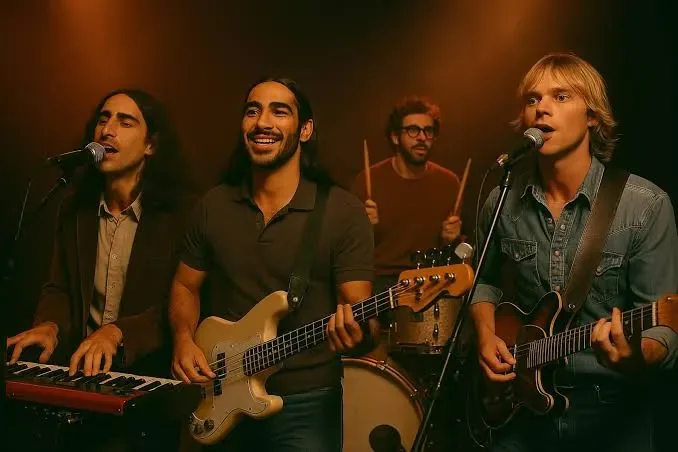 The Velvet Sundown on stage: a keyboardist, a bassist, a drummer and a guitarist singing into a microphone under warm lights