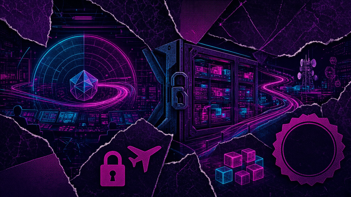 Radar, aircraft trails and a locked gate in front of server cubes