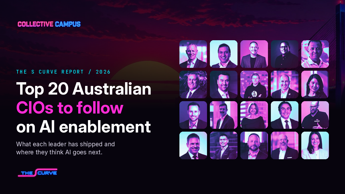 Synthwave-toned portraits of 20 Australian technology leaders beside the report title
